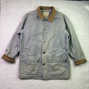 LL Bean Field Coat Mens Large Gray Lined Chore Jacket Corduroy Trim Collar Barn